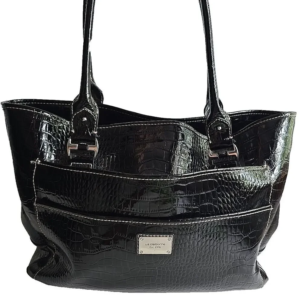 LIZ CLAIBORNE Embossed Faux Crocodile Black Purse Tote Shoulder Bag 14x10x5 EUC